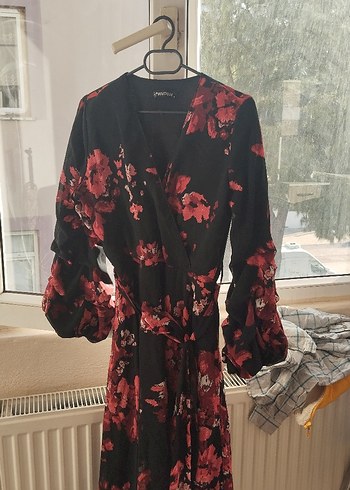 Bordo Çiçekli Uzun Kollu Bohem Kadın Elbise - Görsel 2