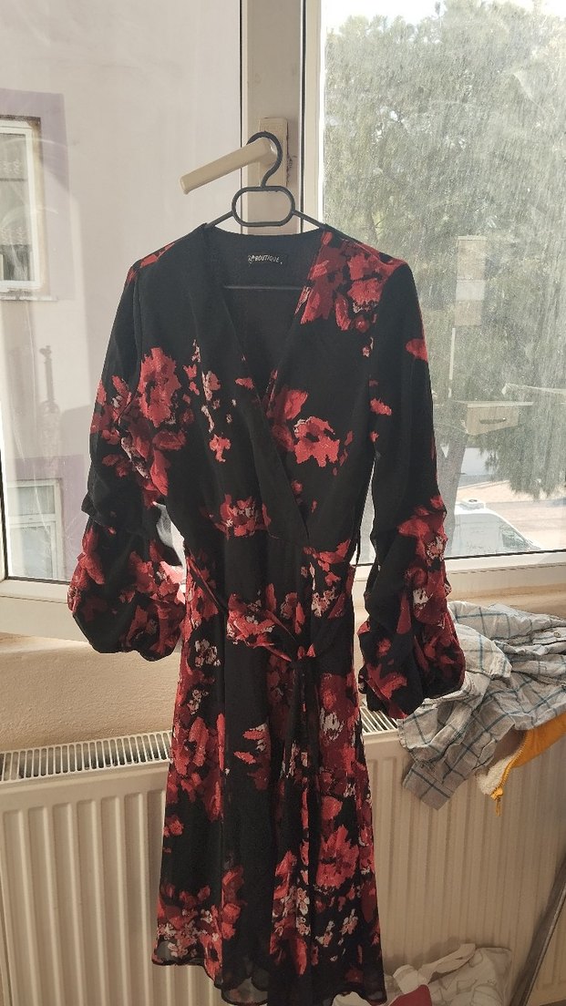 Bordo Çiçekli Uzun Kollu Bohem Kadın Elbise - Görsel 2