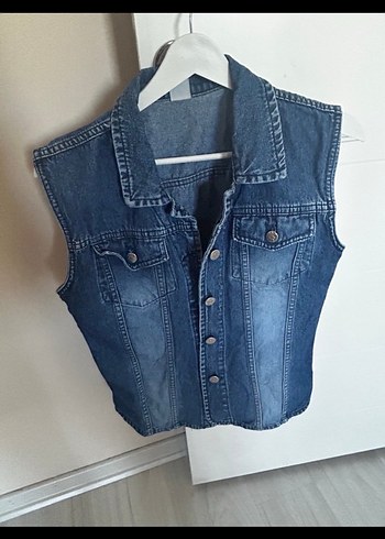 38 Beden mavi Renk Düğmeli Kolsuz Mavi Denim Yelek