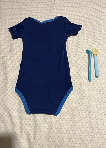 Lacivert Kısa Kollu Bebek Body ve mama kaşığı - Görsel 3