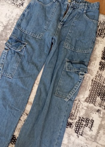 36 Beden Kadın Mavi Kemerli Bol Kesim Denim Pantolo