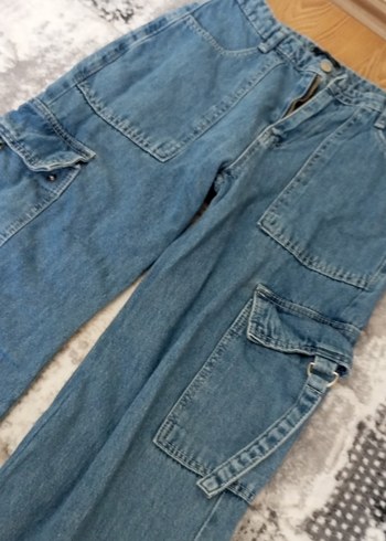 36 Beden mavi Renk Kadın Mavi Kemerli Bol Kesim Denim Pantolo