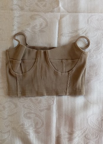 Bej Kolsuz Straplez Kısa Crop Top