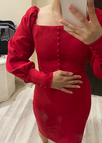 s Beden Kırmızı Düğmeli Midi Kalem Elbise