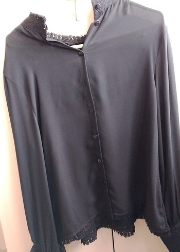 Uzun Kollu Siyah Dantelli Kadın Bluz - Görsel 4