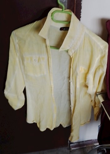 Düğmeli Sarı Keten Kadın Gömlek - Görsel 2