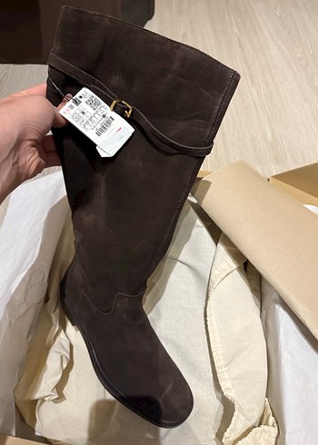 Zara Kahverengi Süet Kemerli Dizüstü Kadın Çizme - Görsel 5