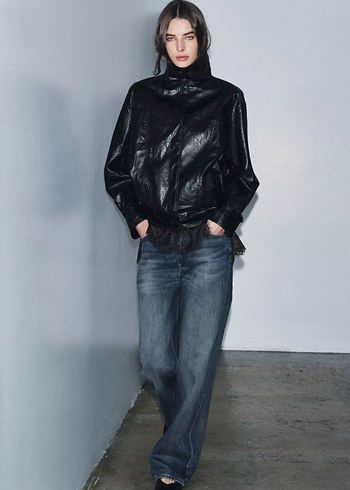 Zara Deri bomber Ceket, Yüksek Yakalı, Kemerli - Görsel 4