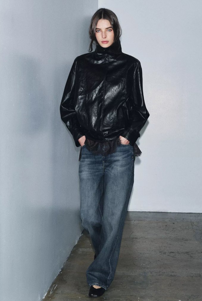 Zara Deri bomber Ceket, Yüksek Yakalı, Kemerli - Görsel 4