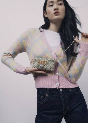 Zara Pembe Pastel taşlı Düğmeli V Yaka Triko Hırka - Görsel 2