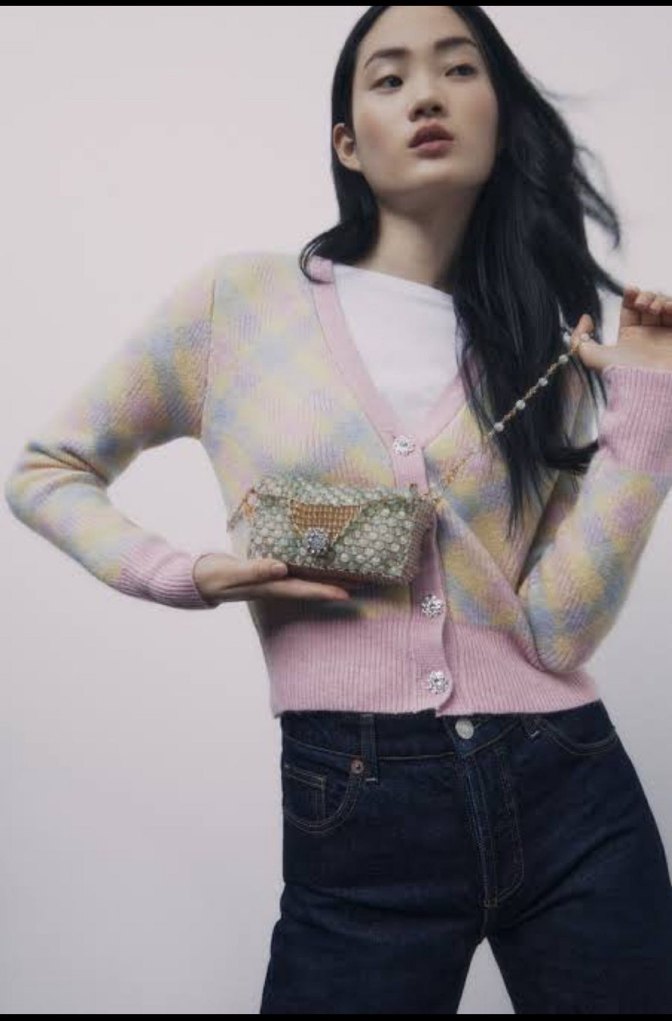 Zara Pembe Pastel taşlı Düğmeli V Yaka Triko Hırka - Görsel 2