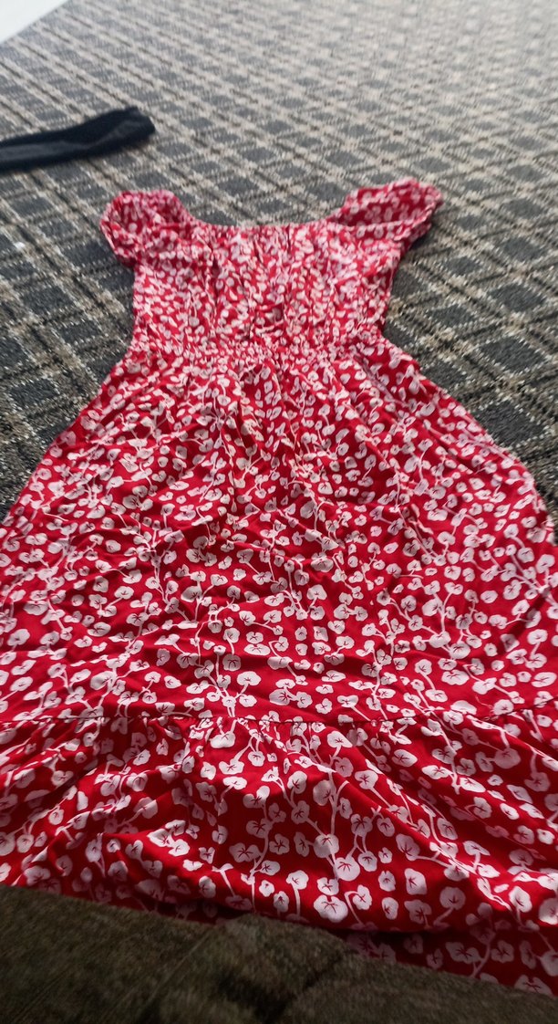 Kırmızı Çiçek Desenli Uzun Bohem Elbise - Görsel 2