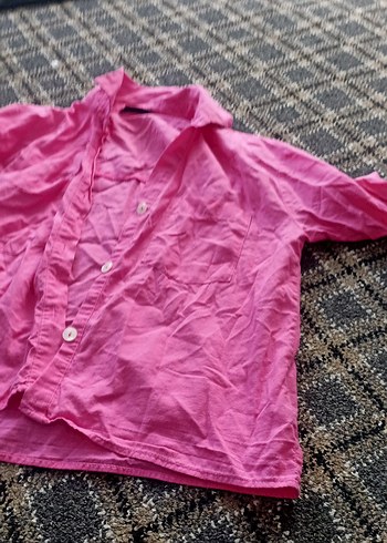 Düğmeli Pembe Keten Kadın Gömlek - Görsel 2