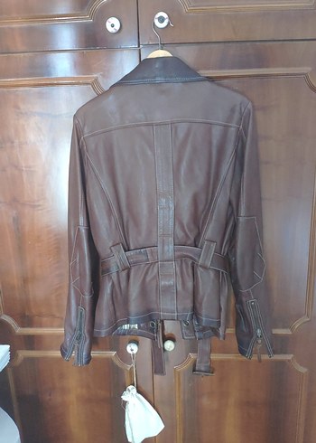 40 Beden kahverengi Renk Kahverengi Kemerli Vintage Kadın yumusak kuzu derisi