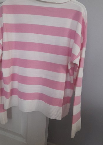 Pembe Beyaz Çizgili V Yaka Örgü Kazak - Görsel 3