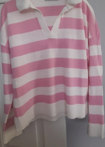Pembe Beyaz Çizgili V Yaka Örgü Kazak - Görsel 2