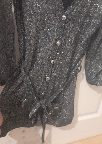 Düğmeli V Yaka sim Desenli Gri Midi hırka - Görsel 5