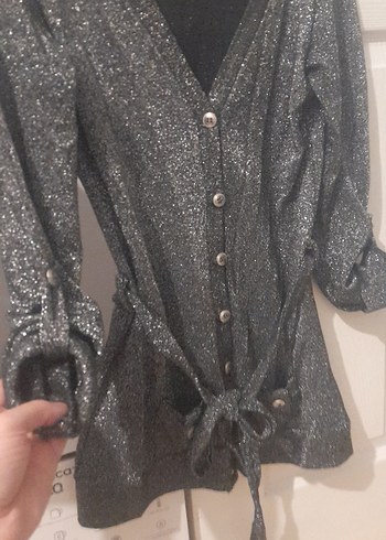 Düğmeli V Yaka sim Desenli Gri Midi hırka - Görsel 3