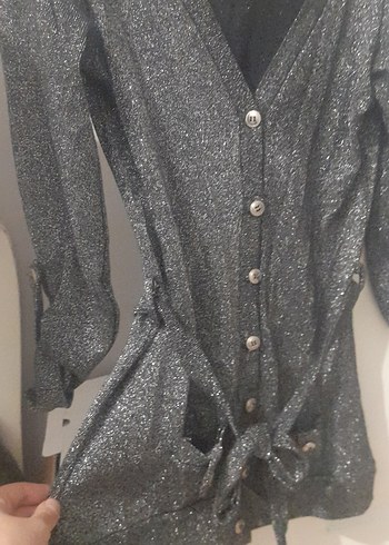 Düğmeli V Yaka sim Desenli Gri Midi hırka - Görsel 2