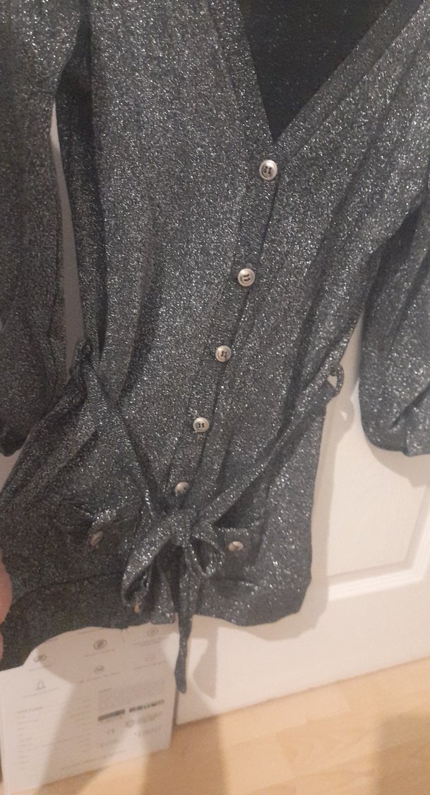 Düğmeli V Yaka sim Desenli Gri Midi hırka - Görsel 5