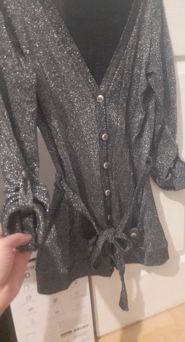 Düğmeli V Yaka sim Desenli Gri Midi hırka - Görsel 3