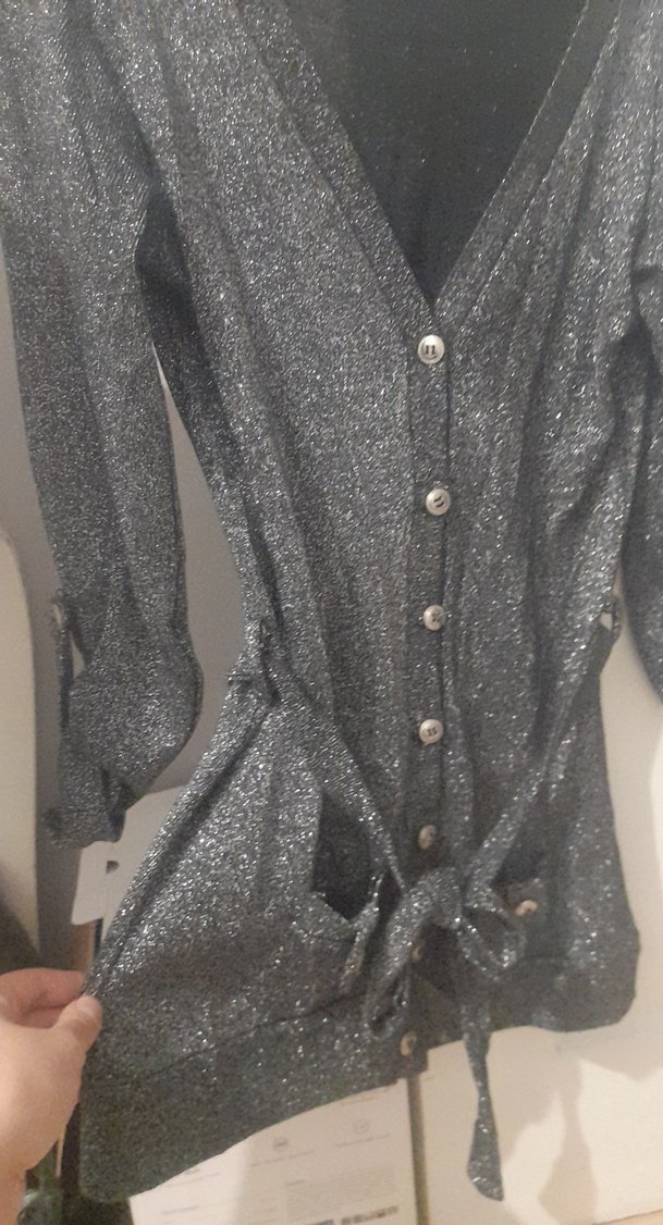 Düğmeli V Yaka sim Desenli Gri Midi hırka - Görsel 2