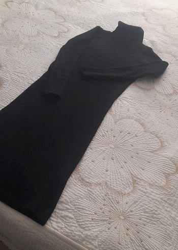 Siyah Yüksek Yakalı Triko Uzun Elbise - Görsel 2