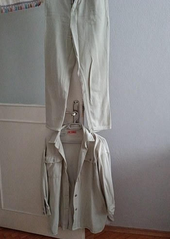 Düğmeli Bej Uzun Keten Kadın Gömlek - Görsel 3