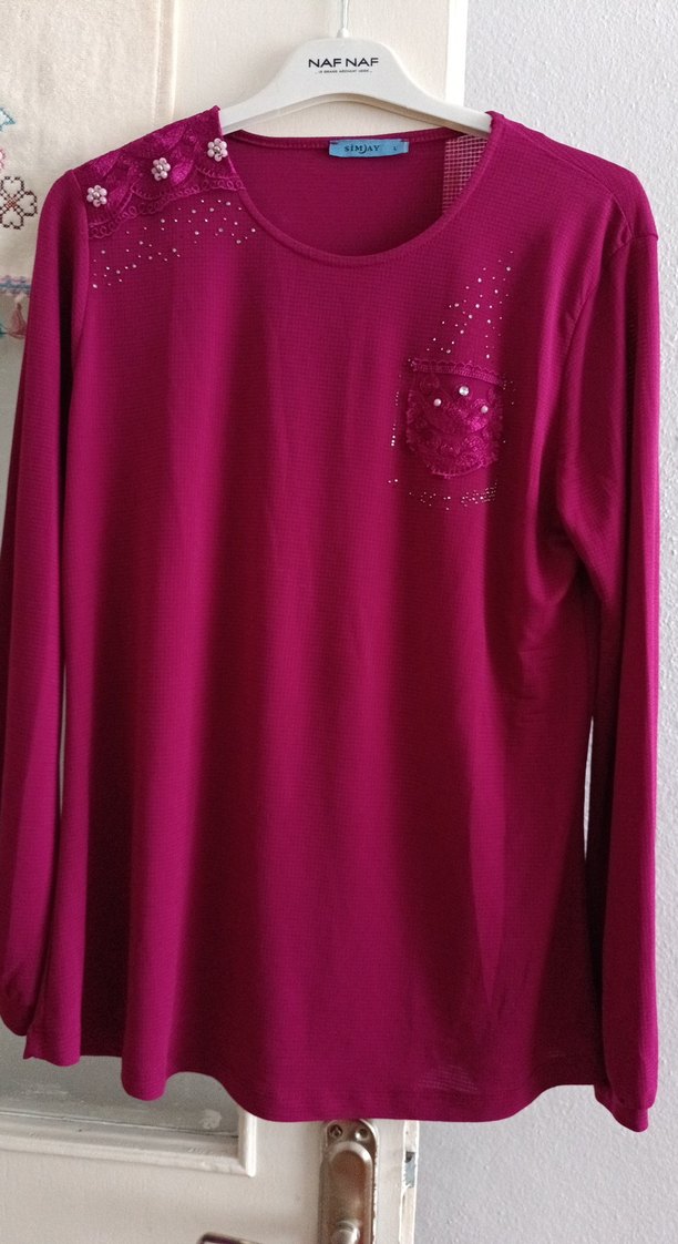 Bordo Payetli Uzun Kollu Bluz - Görsel 2