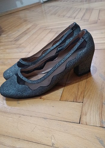 Kadın Gri Simli Topuklu Akşam Ayakkabısı - Görsel 2