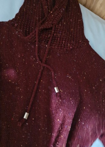 Bordo Kapüşonlu Örgü Kadın Kazak - Görsel 2