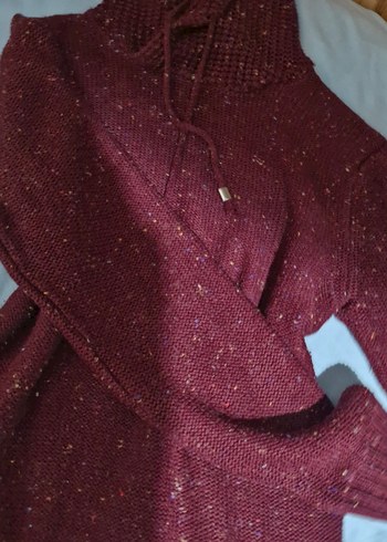 Bordo Kapüşonlu Örgü Kadın Kazak - Görsel 3