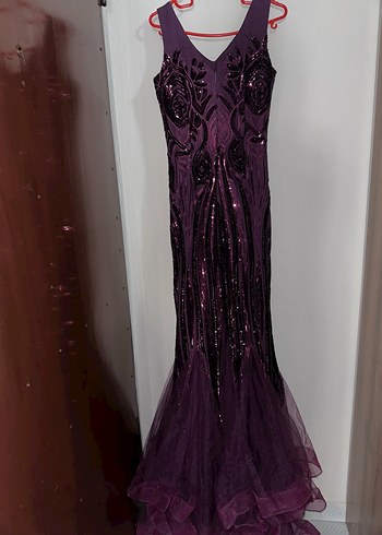 Abiye Mor Uzun V Yakalı Drape Detaylı Abiye Elbise