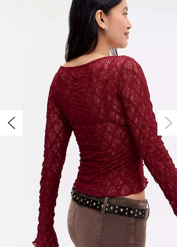 Bordo Dantelli V Yaka Kadın Bluz urban outfitters - Görsel 3