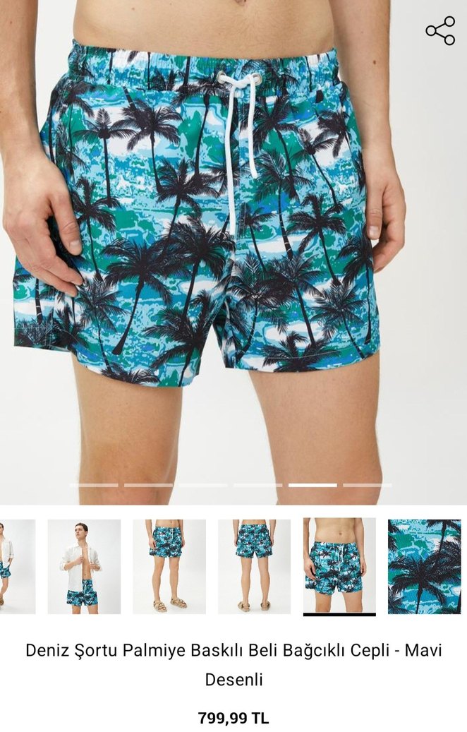 Mavi Palmiye Desenli Erkek Plaj Şortu - Görsel 5