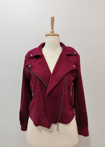 Bordo Süet Kadın Biker Ceket