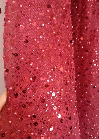 Bordo Parlak Uzun Kollu Abiye Elbise - Görsel 7