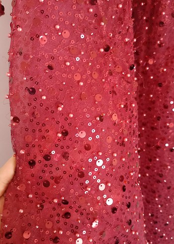 Bordo Parlak Uzun Kollu Abiye Elbise - Görsel 6