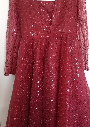 Bordo Parlak Uzun Kollu Abiye Elbise - Görsel 9