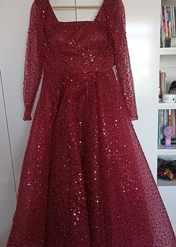 Bordo Parlak Uzun Kollu Abiye Elbise - Görsel 5