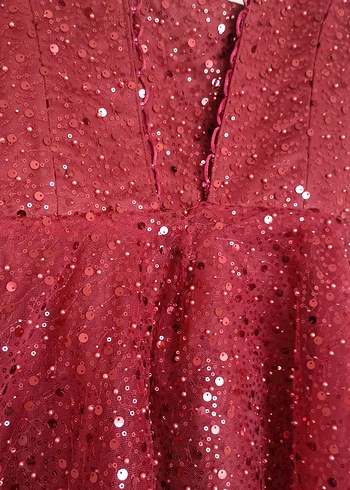 Bordo Parlak Uzun Kollu Abiye Elbise - Görsel 11