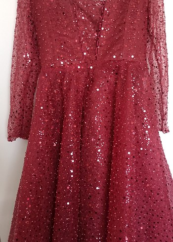 Bordo Parlak Uzun Kollu Abiye Elbise - Görsel 10