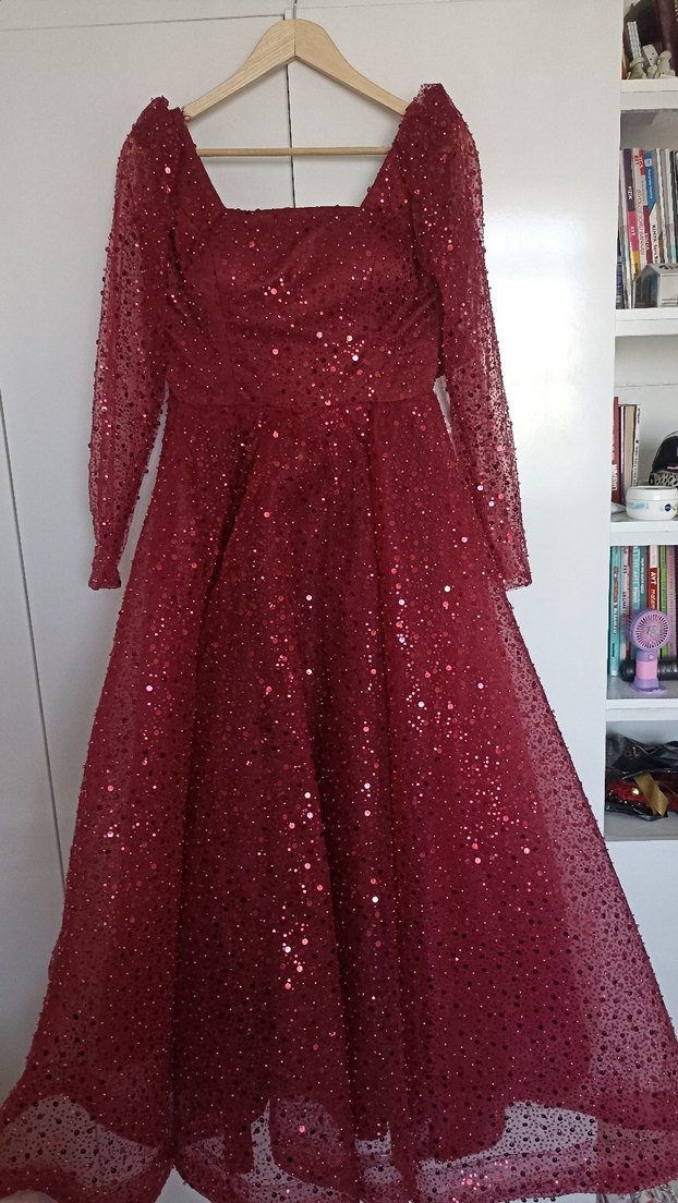 Bordo Parlak Uzun Kollu Abiye Elbise - Görsel 5