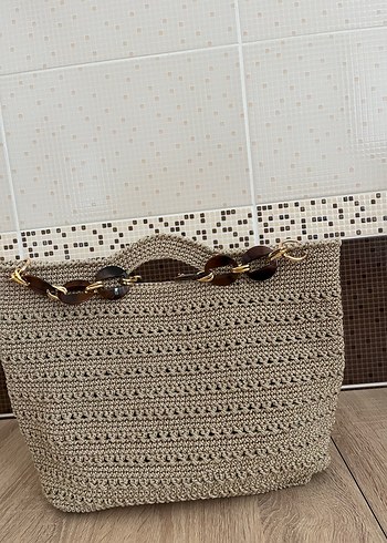 Beden Boncuk Detaylı Kahverengi Örgü Kadın Çanta