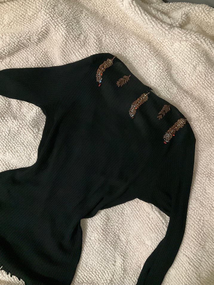 Bohem Siyah V Yaka Vintage Bluz — görsel 5/6