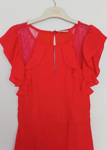 Kırmızı Fırfırlı Midi Elbise - Görsel 2