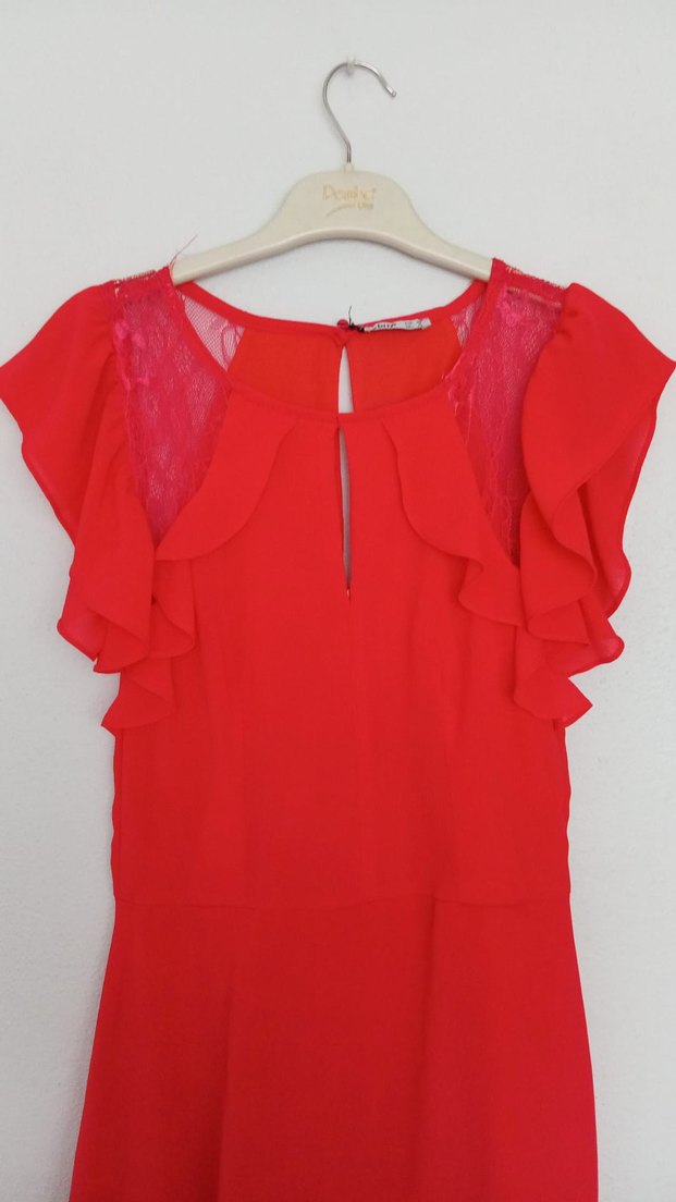 Kırmızı Fırfırlı Midi Elbise - Görsel 2