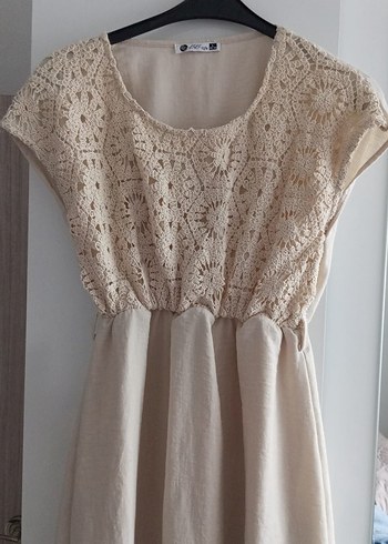 Bej Dantel Detaylı Bohem penye Elbise - Görsel 2