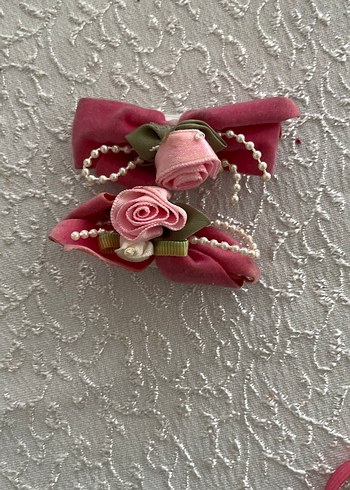 Çiçek Desenli Pembe Dantel Çocuk Saç Aksesuarları ve bileklik - Görsel 2