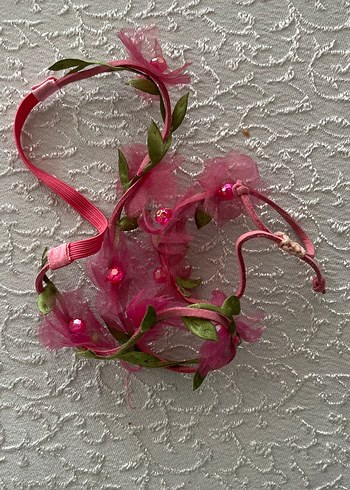 Çiçek Desenli Pembe Dantel Çocuk Saç Aksesuarları ve bileklik - Görsel 3